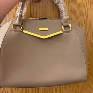 Elegant Taupe Satchel with Gold Accents